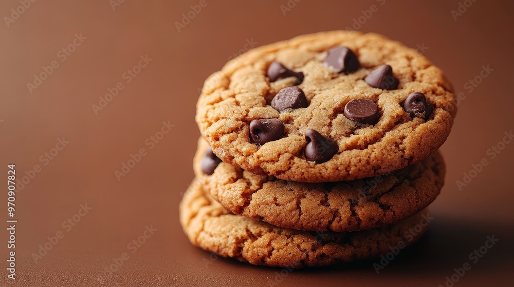 A stack of chocolate chip cookies on a brown background, showcasing a delicious treat. A stack of chocolate chip cookies on a brown background, showcasing a delicious treat.