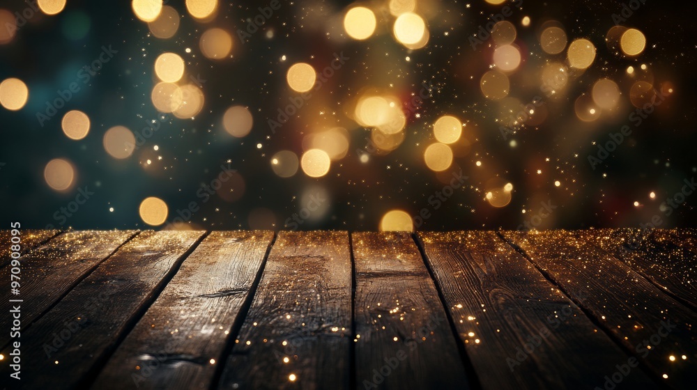 Glittering Christmas holiday background with empty wooden table in front Glittering Christmas holiday background with empty wooden table in front