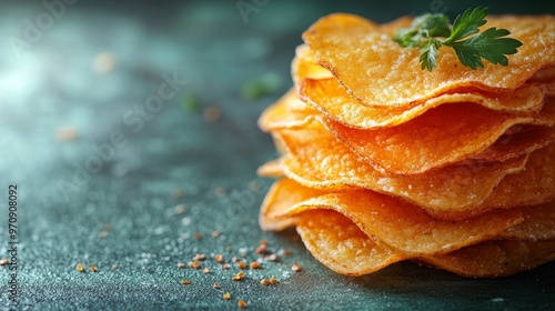 A stack of crispy potato chips garnished with a sprig of parsley on a textured surface.