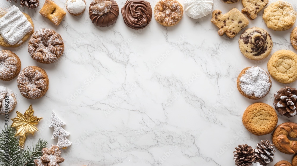 Christmas baking top border with a variety of cookies and sweet treats. Above view on a white marble banner background with copy space. Holiday baking concept. Christmas baking top border with a variety of cookies and sweet treats. Above view on a white marble banner background with copy space. Holiday baking concept.