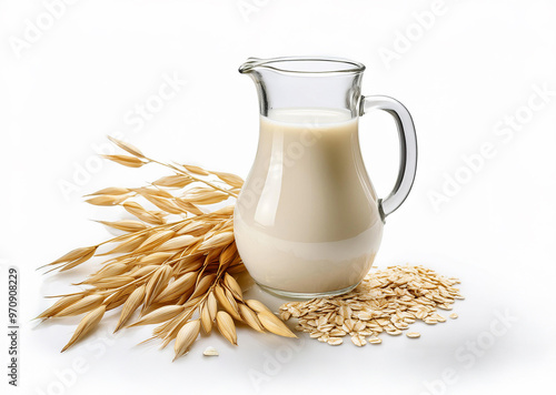 Oat milk isolated. Glass jug of creamy oat milk with scattered oats and oat stalks on white background.
 photo