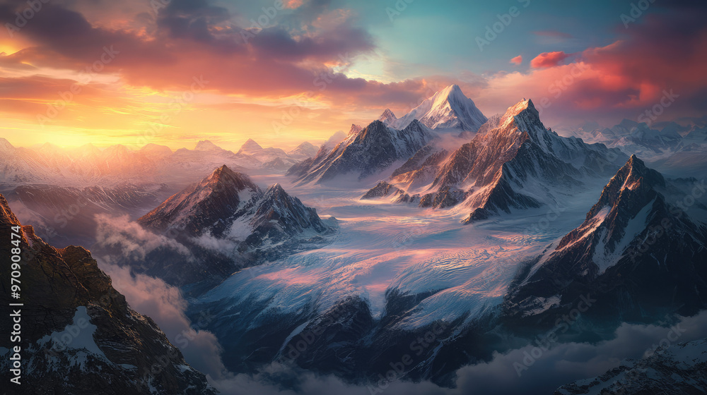 From above the winter mountain range reveals its grandeur with towering snow-capped peaks and ice-filled valleys. From above the winter mountain range reveals its grandeur with towering snow-capped peaks and ice-filled valleys.