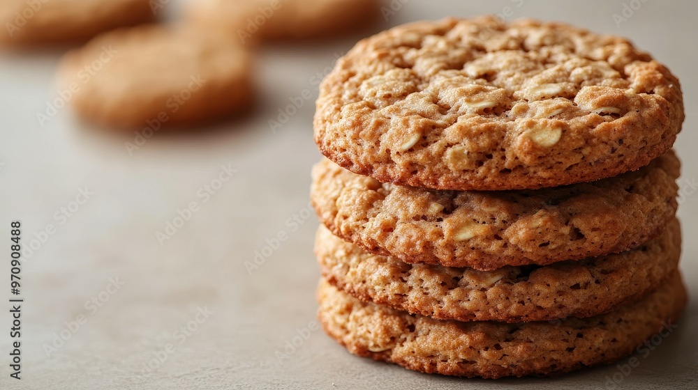 A stack of freshly baked oatmeal cookies on a neutral background. A stack of freshly baked oatmeal cookies on a neutral background.
