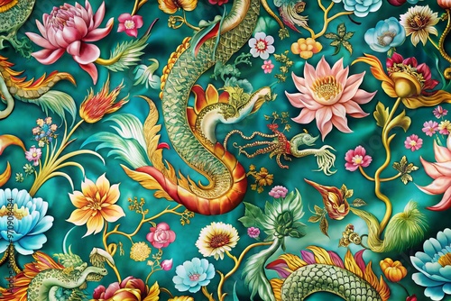 "Oriental botanicals, scrolls, and mythical creatures adorn a vibrant silk fabric, intricate lotus flowers, dragons, and phoenixes dance amidst undulating vines and petals".