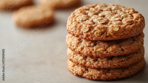 A stack of freshly baked oatmeal cookies on a neutral background.