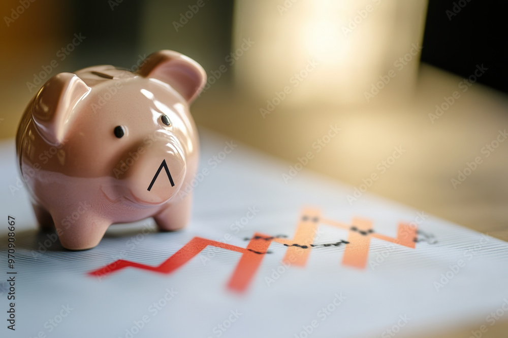 A pink piggy bank sits on financial chart, symbolizing concept of ...