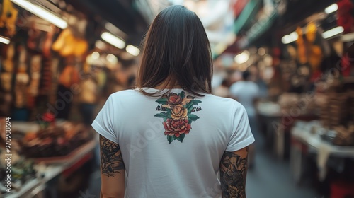 A young woman with tattoos and colorful hair stands in front of a flower wall.