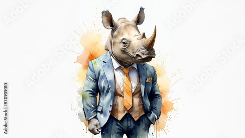 Rhino in a Suit: A Wild Businessman - Watercolor illustration showcases a Rhinoceros in a corporate suit, blending the wild and the professional. Humorous image. 5