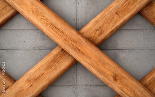 Close-up of intersecting wooden beams against a concrete background, showcasing texture and craftsmanship in design.