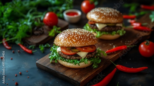 Wallpaper Mural Gourmet burgers with fresh toppings and sesame seed buns on wooden boards Torontodigital.ca