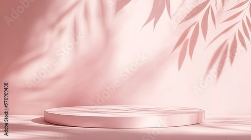Minimalist abstract Leaves shadow light Pastel pink pedestal product display platform presentation for skin care or cosmetics background