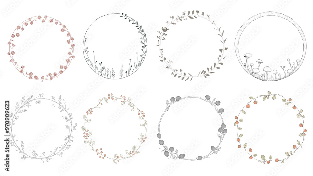 PNG doodle floral round frame element set, transparent background PNG doodle floral round frame element set, transparent background