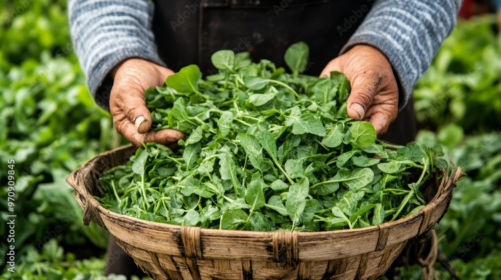 Fototapeta premium Farmer hands holding fresh Chinese mustard green from garden. Chinese mustard green soaked in a basin of water. Cleaning vegetables.
