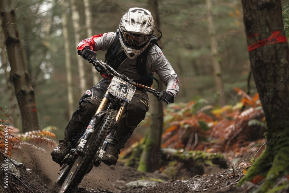 Professional mountain biker speeding down forest trail during race Professional mountain biker speeding down forest trail during race