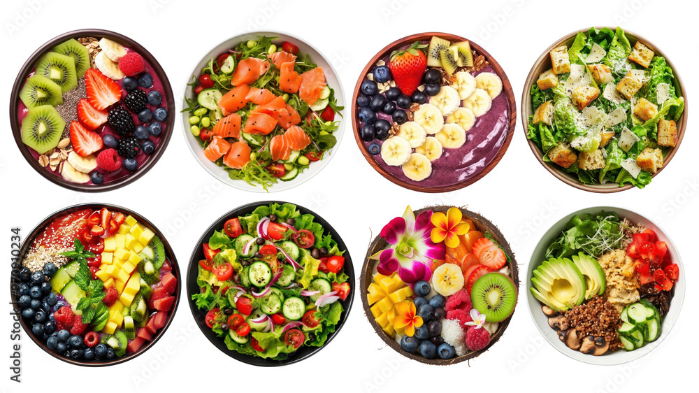PNG salad and acai bowl element set, transparent background PNG salad and acai bowl element set, transparent background
