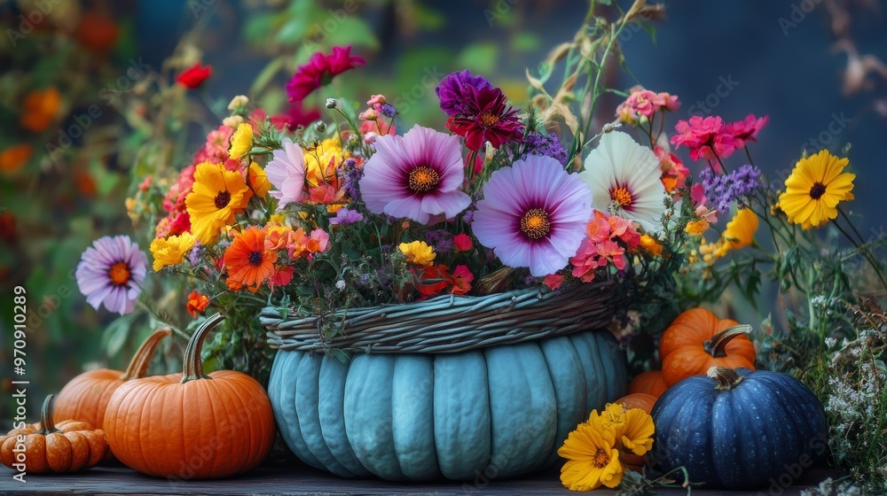 Autumn still life with colorful pumpkins and season flowers. Decorative pumpkins. Harvest garden decoration. Autumn still life with colorful pumpkins and season flowers. Decorative pumpkins. Harvest garden decoration.