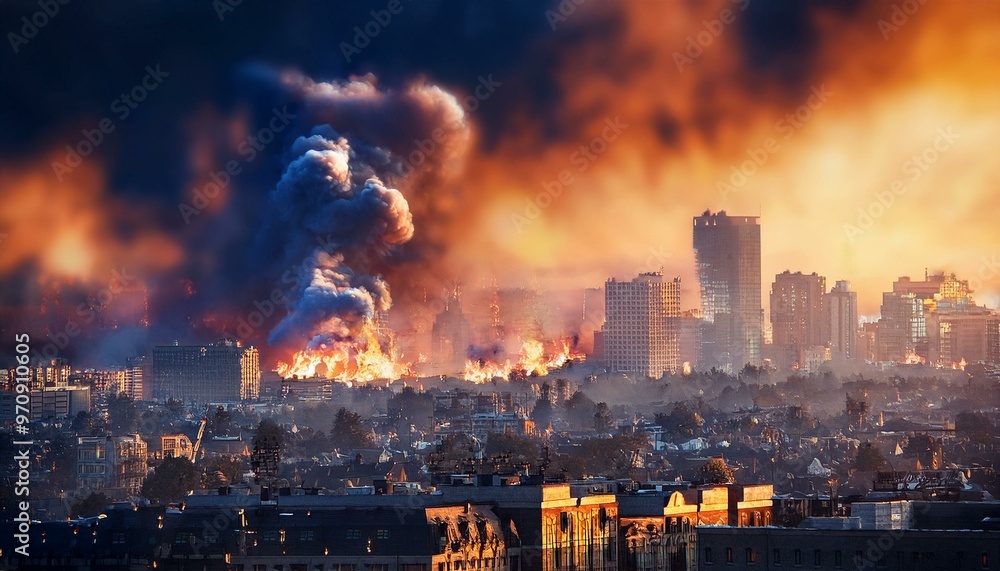 A city is on fire with smoke billowing into the sky_ A city is on fire with smoke billowing into the sky_