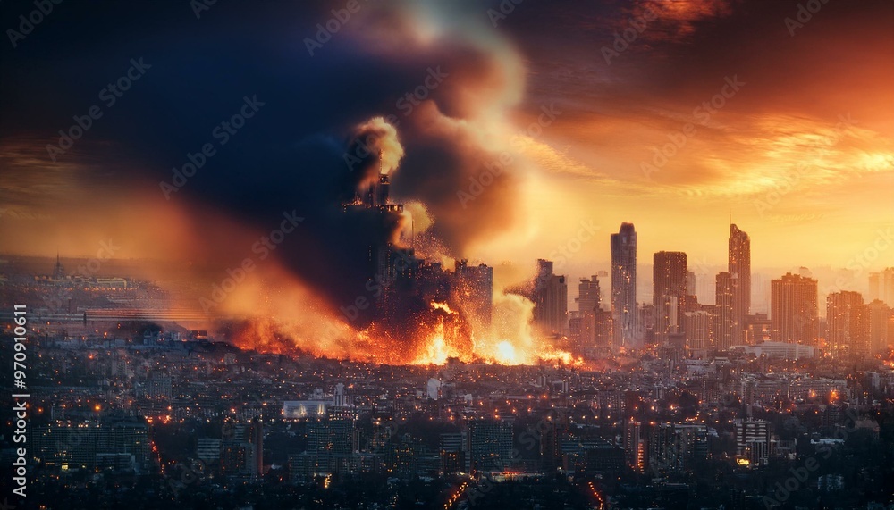 A city is on fire with smoke billowing into the sky_ A city is on fire with smoke billowing into the sky_