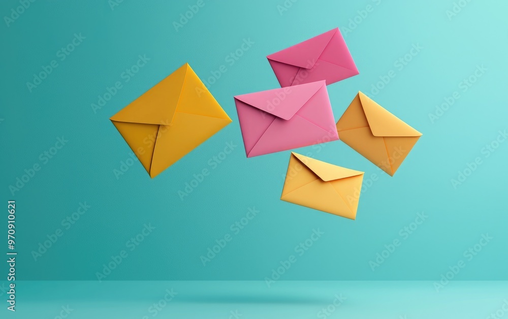 Colorful envelopes floating against a bright blue background, symbolizing communication and creativity in mail and messaging. Colorful envelopes floating against a bright blue background, symbolizing communication and creativity in mail and messaging.