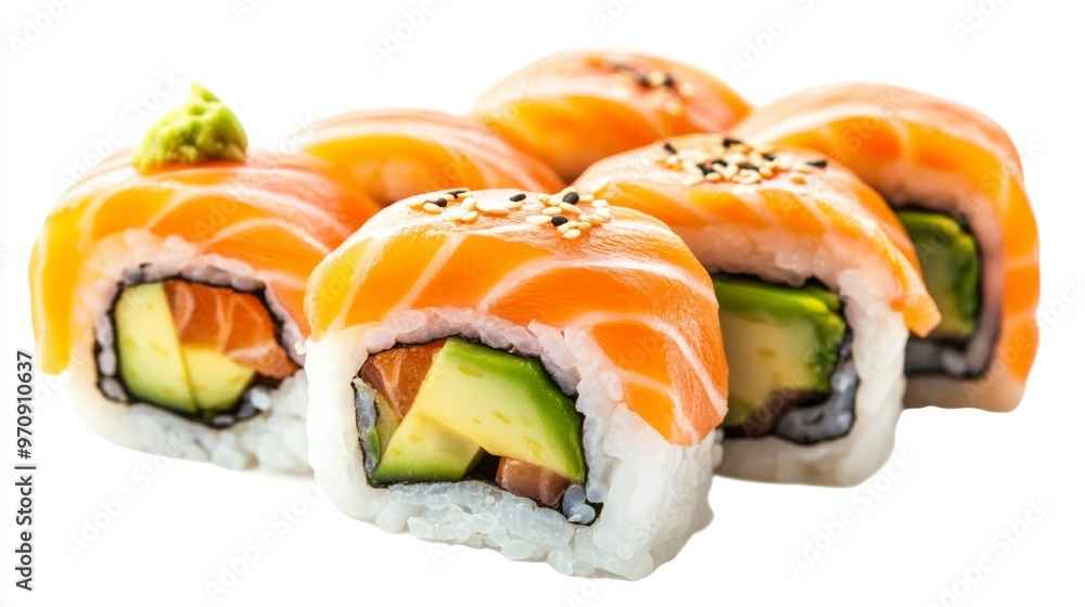 Sushi rolls with avocado and salmon isolated on white background. Sushi rolls with avocado and salmon isolated on white background.