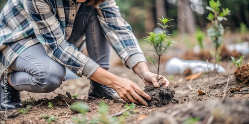 A person's hands carefully plant a small, green tree in a forest, symbolizing environmental conservation and reforestation efforts.