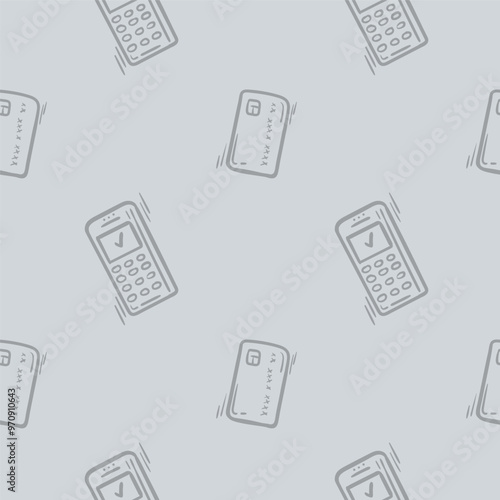 Simple monochrome seamless pattern with payment terminal and credit card. Vector background associated with shopping, promotions, sales for gift paper, print, design.