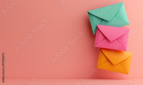 Colorful envelopes in vibrant shades of pink, teal, and orange against a soft pink background, perfect for invitations and greetings.