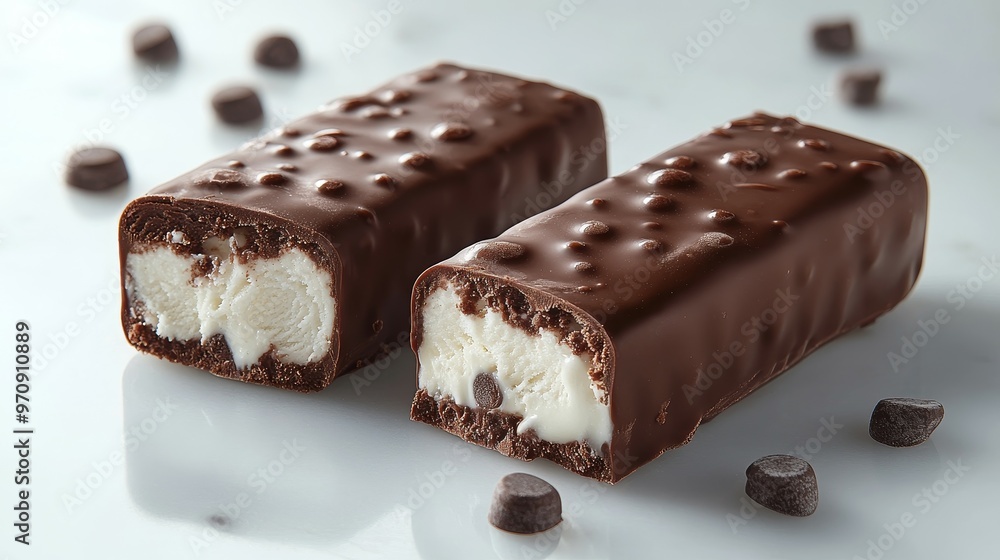Two chocolate-covered bars with creamy filling and chocolate chips scattered around. Two chocolate-covered bars with creamy filling and chocolate chips scattered around.
