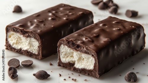 Two chocolate-coated bars with creamy filling, showcasing a delectable dessert treat.