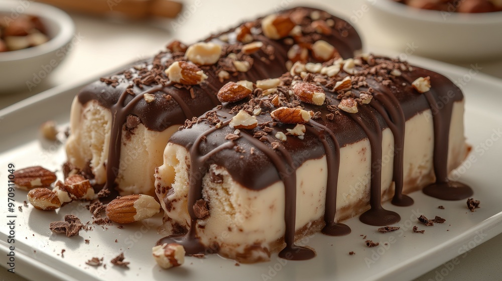Two delicious ice cream bars drizzled with chocolate and topped with nuts on a plate. Two delicious ice cream bars drizzled with chocolate and topped with nuts on a plate.