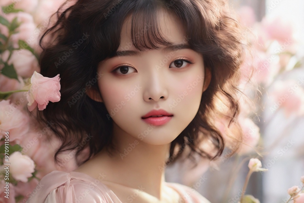 Young girl with curly hair and pink dress, surrounded by flowers. Young girl with curly hair and pink dress, surrounded by flowers.