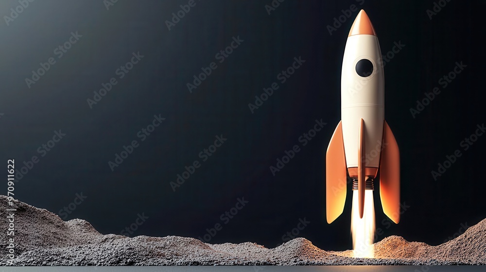 Render a sleek, modern, side view of a rocket launching for a tech ...