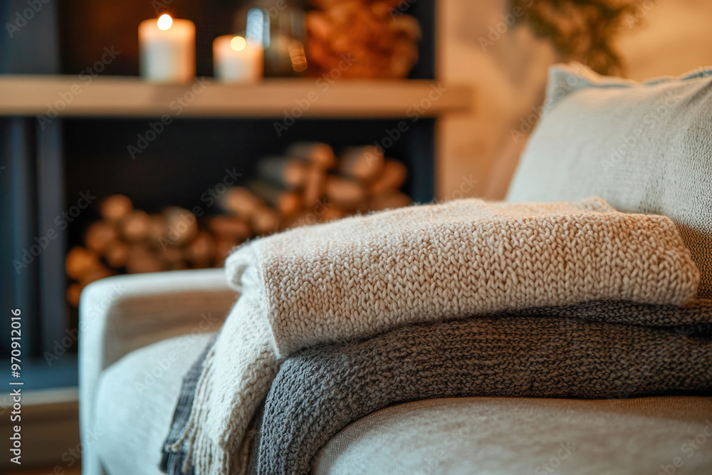 Folded cozy knit blankets on a sofa in a warm living room with candles and a fireplace in the background. Folded cozy knit blankets on a sofa in a warm living room with candles and a fireplace in the background.