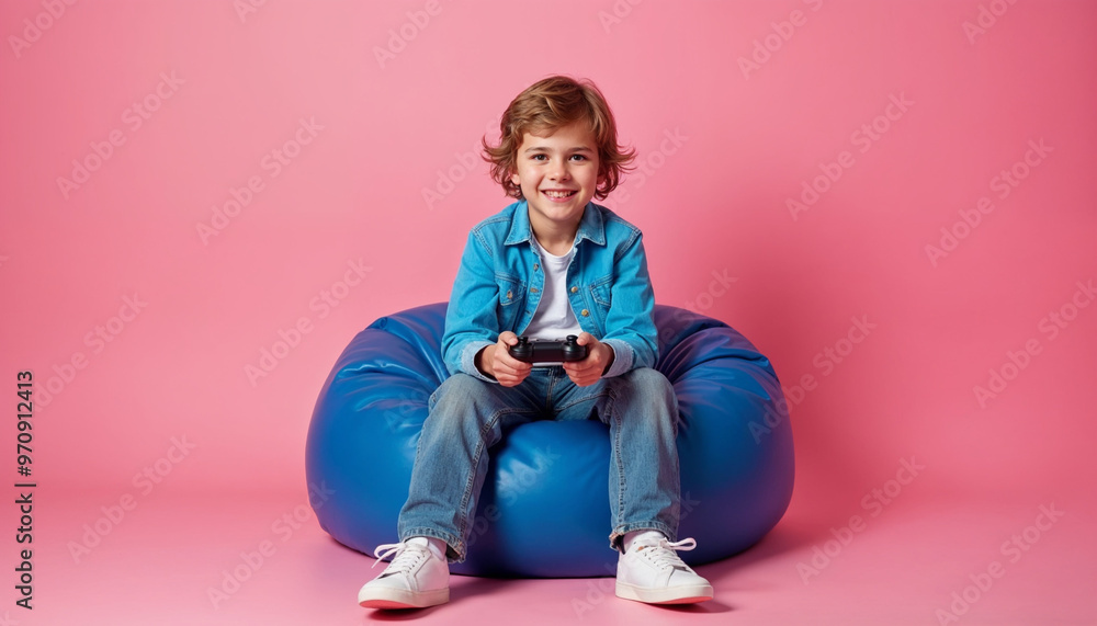 Photo portrait of cute teen boy beanbag hold joystick play videogame dressed stylish blue clothes isolated on pink color background, gaming concept, child game playing Photo portrait of cute teen boy beanbag hold joystick play videogame dressed stylish blue clothes isolated on pink color background, gaming concept, child game playing