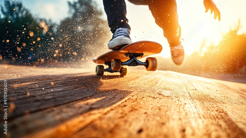 A skateboarder performs a trick at sunset, creating a dynamic and energetic scene. A skateboarder performs a trick at sunset, creating a dynamic and energetic scene.