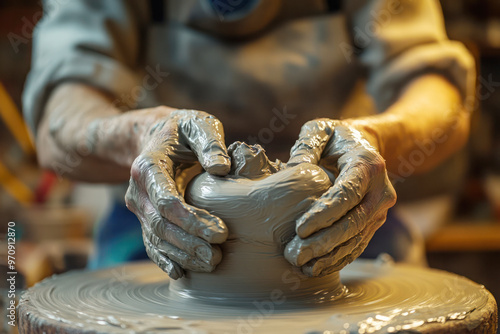 Potter shaping clay on a spinning wheel with hands, focused on craftsmanship, creativity, and traditional handmade pottery art photo