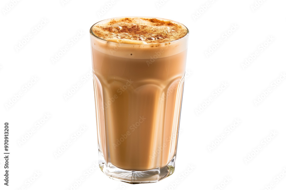 Cup of rich creamy coffee or chai latte crowned with fluffy whipped cream and a sprinkle of cinnamon isolated on white background with clipping path. The warm beverage for cozy afternoon, radiating co Cup of rich creamy coffee or chai latte crowned with fluffy whipped cream and a sprinkle of cinnamon isolated on white background with clipping path. The warm beverage for cozy afternoon, radiating co
