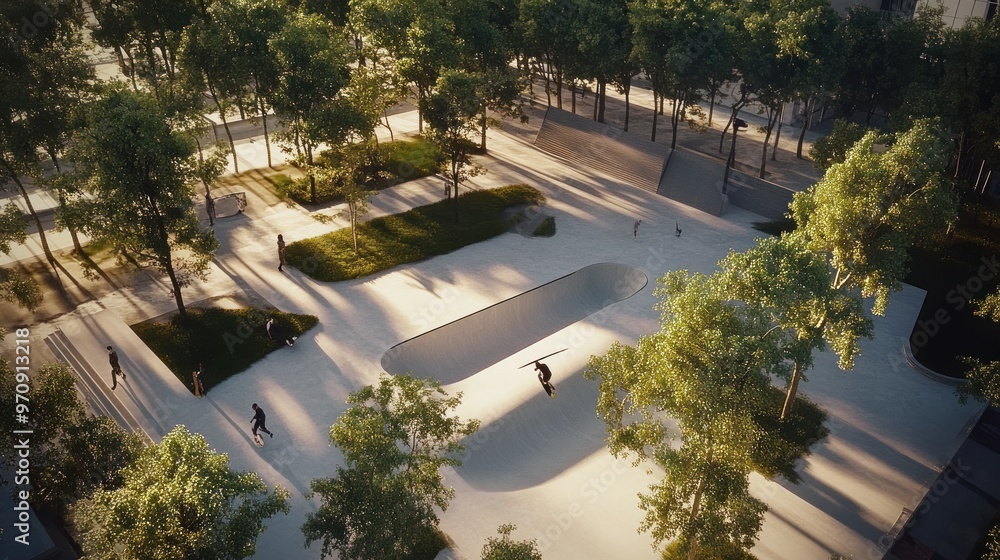 Fototapeta premium A modern skatepark surrounded by trees, designed for leisure and sports activities.