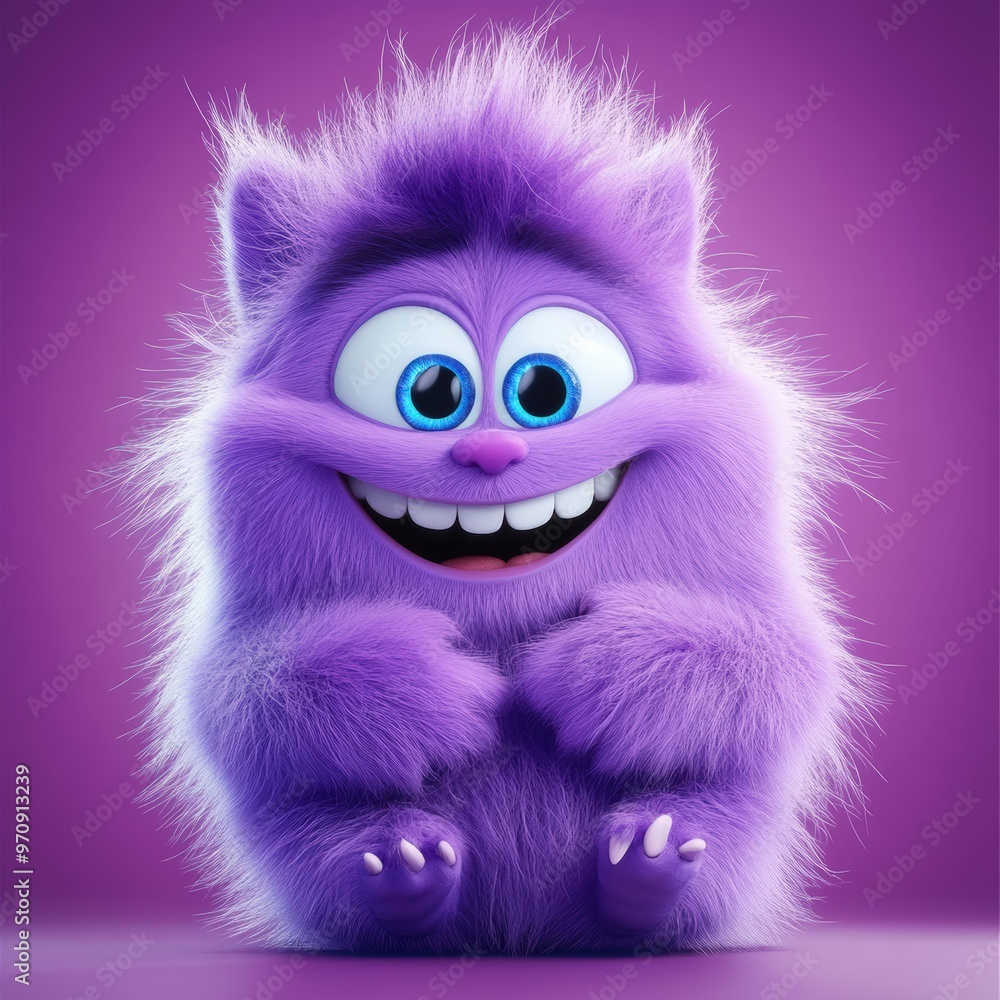 Obraz premium Cute and furry purple monster with good character, Big eyes and smile. studio render quality. Cartoon style. 