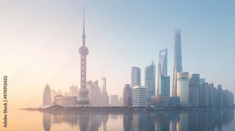 Fototapeta premium Modern Shanghai skyline with iconic Oriental Pearl Tower at sunrise Concept: Shanghai skyline, modern architecture, Oriental Pearl Tower, cityscape, sunrise reflection