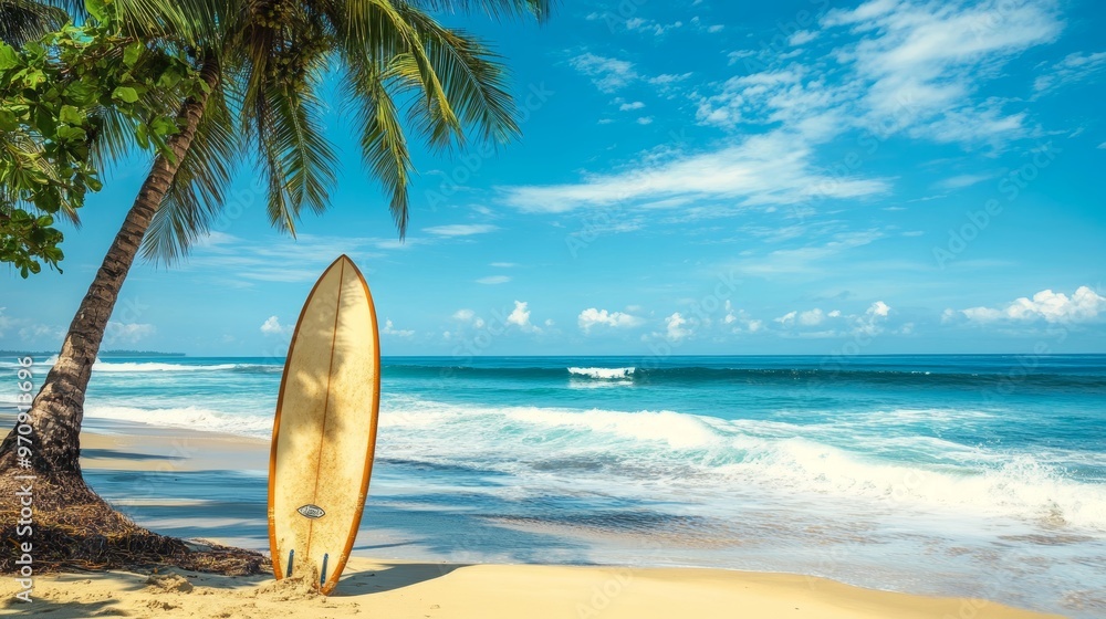 Surfboard and palm tree on the beach surfing area. Travel adventure and water sport. Beautiful Sri Lanka Surfboard and palm tree on the beach surfing area. Travel adventure and water sport. Beautiful Sri Lanka