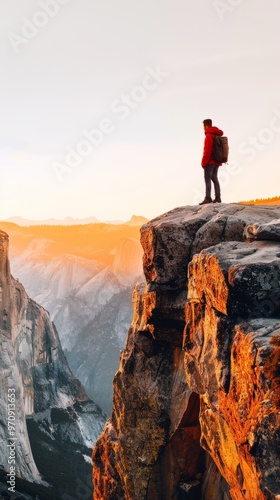 Description: Adventurous hiker standing on the edge of a rocky cliff overlooking the Grand Canyon in the morning light hiker on cliff, Grand Canyon view, nature adventure, outdoor exploration