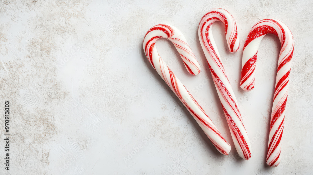 Candy cane top view on light clear background, aesthetic christmas template, copy space. Generative AI Candy cane top view on light clear background, aesthetic christmas template, copy space. Generative AI
