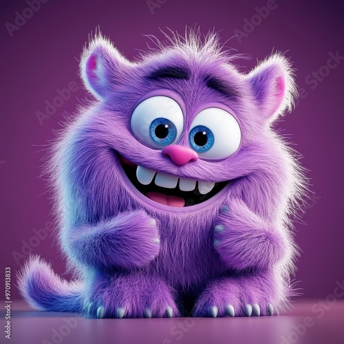 Cute and furry purple monster with good character, Big eyes and smile. studio render quality. Cartoon style. 