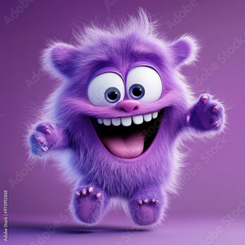 Cute and furry purple monster with good character, Big eyes and smile. studio render quality. Cartoon style. 