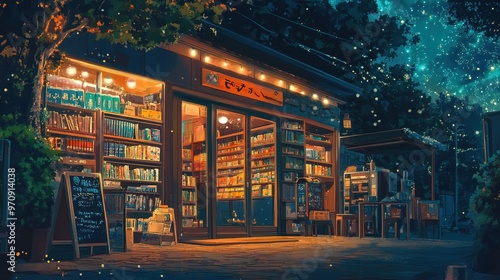 Lofi Book Shop and Cafe at Night - Anime Manga Style Cozy Chill Relax Interior Wallpaper Background
