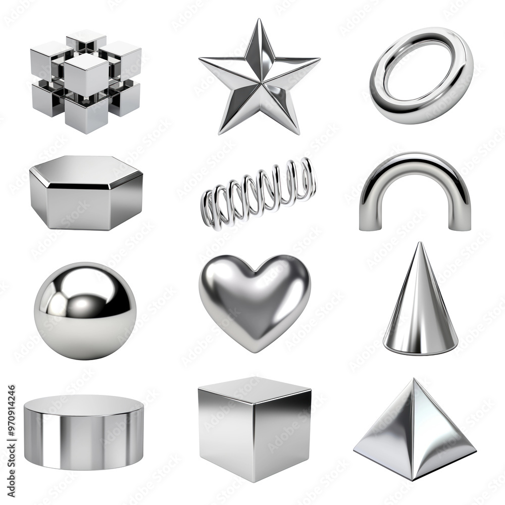 3D chrome shape png element set, transparent background 3D chrome shape png element set, transparent background