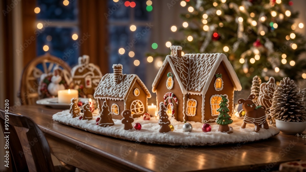 A Table of Christmas Delights. Gingerbread houses and reindeer twinkle beneath a snowy garland's embrace. A Table of Christmas Delights. Gingerbread houses and reindeer twinkle beneath a snowy garland's embrace.