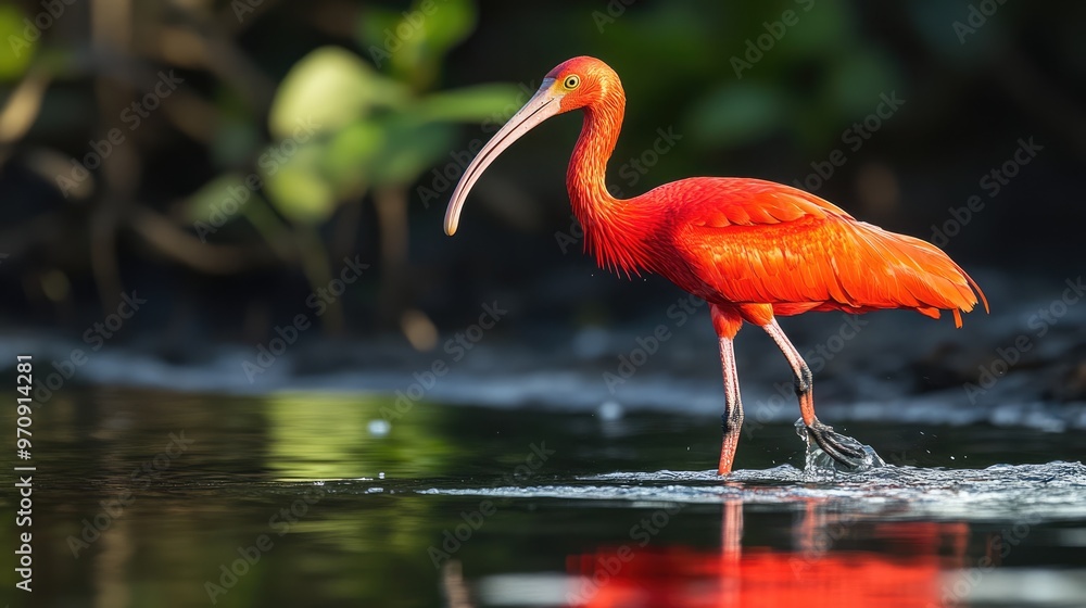 Fototapeta premium Scarlet Ibis Wading in Shallow Water