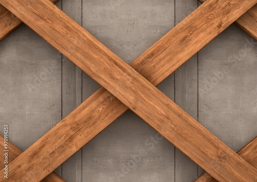 Stylish wooden beams intersecting against a concrete backdrop, perfect for modern interior design and architectural concepts.